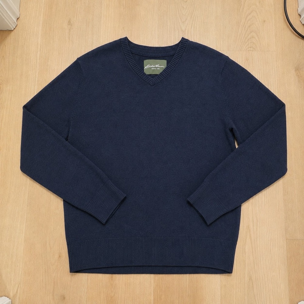 Eddie Bauer‎ Navy Cotton Cashmere V-Neck Quiet Luxury Preppy Sweater Size L